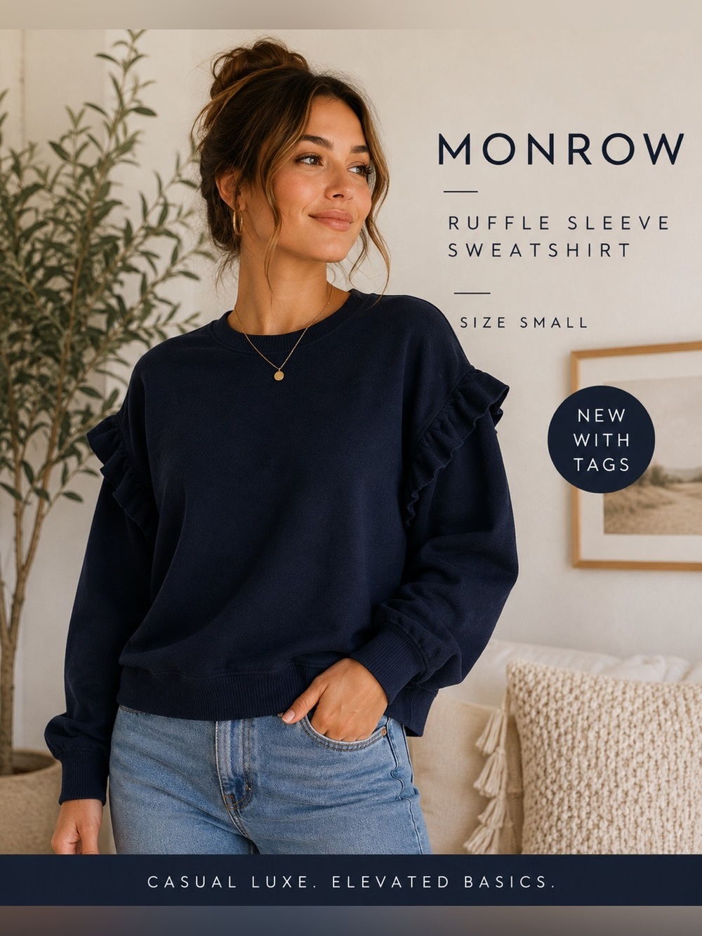 MONROW Womens Small Navy Ruffle Sleeve Sweatshirt Crewneck Pullover NWT